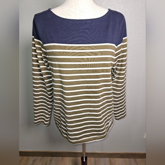 Talbots Color Block Striped Sweater Top 100% Cotton Long Sleeve Boat Neck Size L - Picture 2 of 13